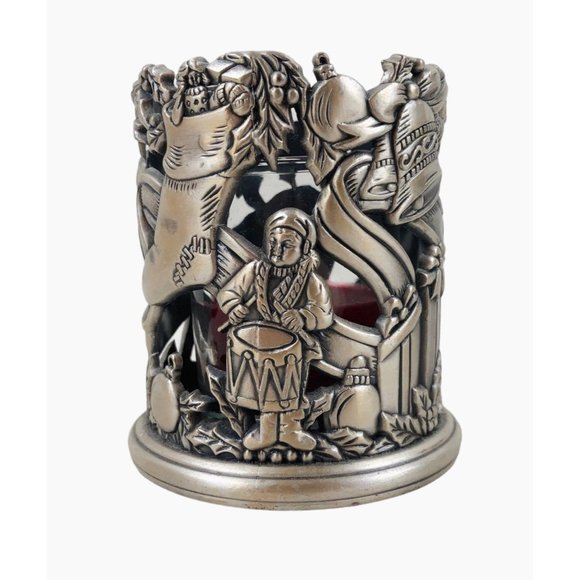 Vintage Peace On Earth Candle Votive Holder Pewter Christmas Holiday Santa - Picture 6 of 10